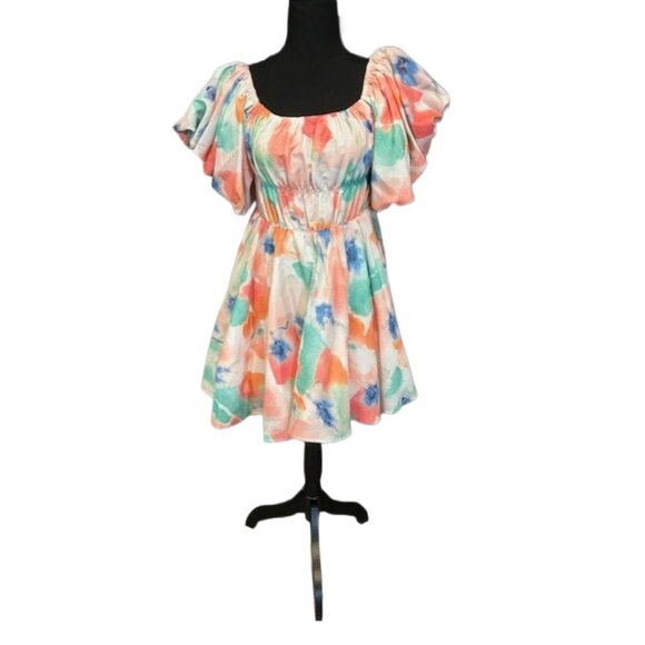 NWT BIBI MINI DRESS PUFF SLEEVE FLORAL PRINT SZ MED - Picture 1 of 9